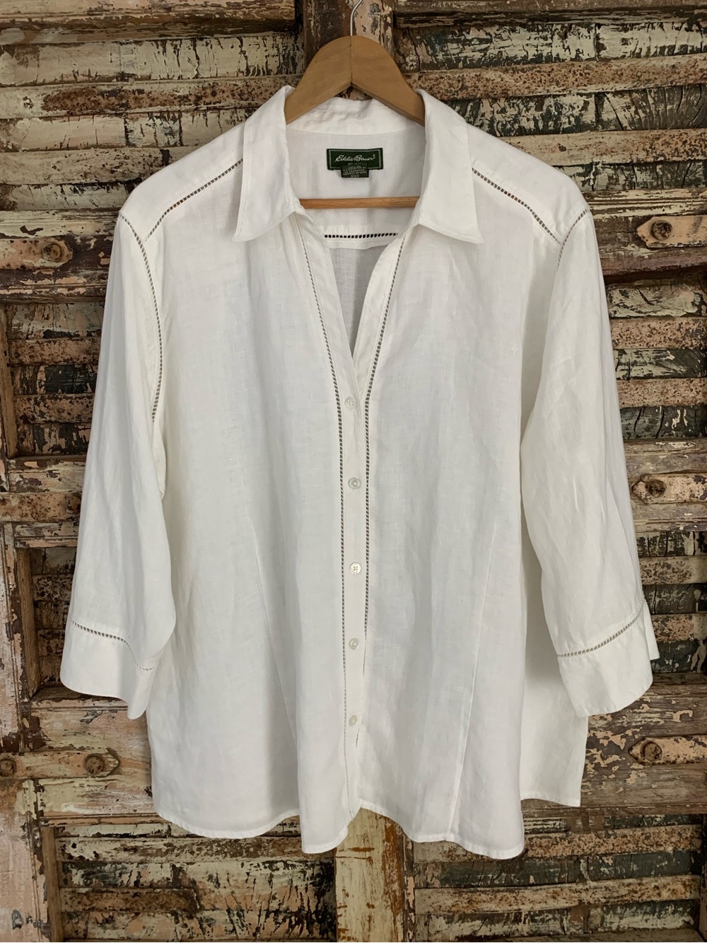 Eddie Bauer 100% Linen White Eyelet Trim Button Front Blouse, Boho, Coastal XXL